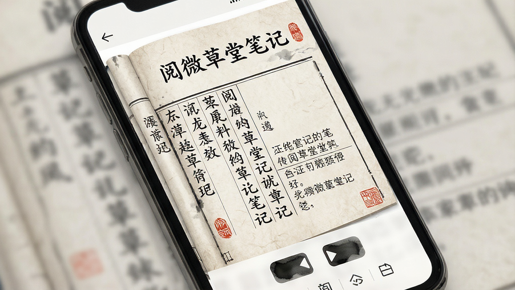 手机屏幕展示「阅微」应用界面,主体是一本翻开的古籍风格电子书,书页上有文言文字与白话对照,布局为上方书名「阅微草堂笔记」,中间是竖排原文与横排译文对照,底部有翻页按钮,风格为古典水墨与简约现代结合,细节包括宣纸纹理背景、墨色文字、朱砂印章装饰,画质清晰,干净,无多余元素