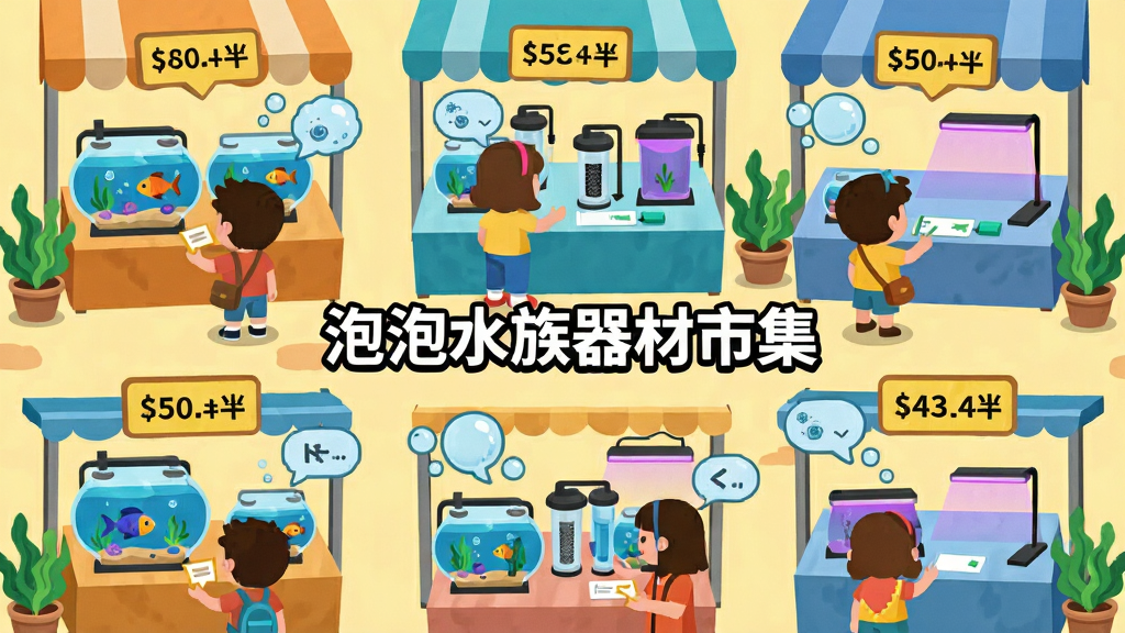 画面是一个线上跳蚤市场的场景,多个卡通人物在摊位前挑选鱼缸、过滤器和灯具,每个摊位上方有价格标签。布局为俯视视角的集市平面图。排版中央写有“泡泡水族器材市集”字样。风格为明快扁平插画风,细节包括气泡、水草装饰和交易对话框。画质清晰,干净,无多余元素。