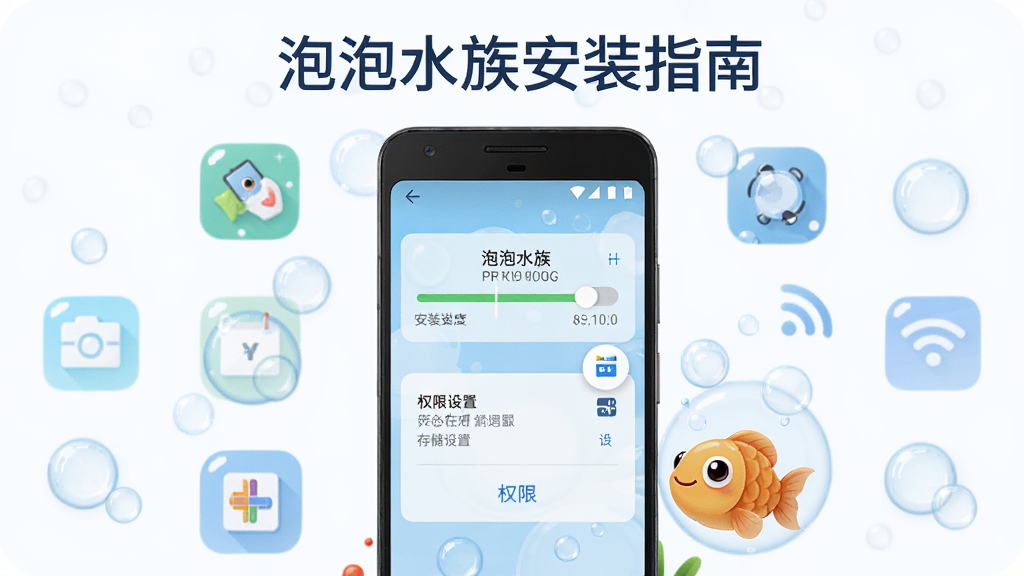 画面是一部安卓手机,屏幕上显示“泡泡水族”的安装进度条和权限设置界面,手机旁边有气泡和一条卡通小鱼。布局为手机居中,周围环绕图标。排版上方写有“泡泡水族安装指南”。风格为简洁科技插画风,细节包括权限开关、存储空间图标和WiFi信号。画质高清,干净,无多余元素。
