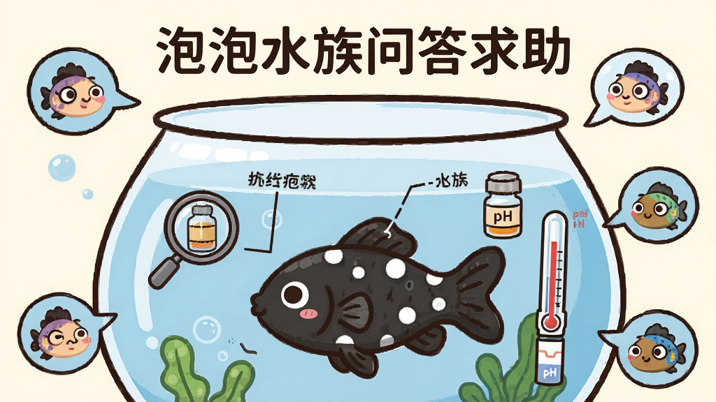 画面是一个卡通鱼缸特写,缸中一条鱼身上有白色斑点,旁边有放大镜和药瓶图标,几位鱼友头像在周围弹出对话气泡。布局为居中特写,鱼缸占主要面积。排版上方写有“泡泡水族问答求助”。风格为科普插画风,细节包括症状标注线、温度计和pH试纸。画质清晰,干净,无多余元素。