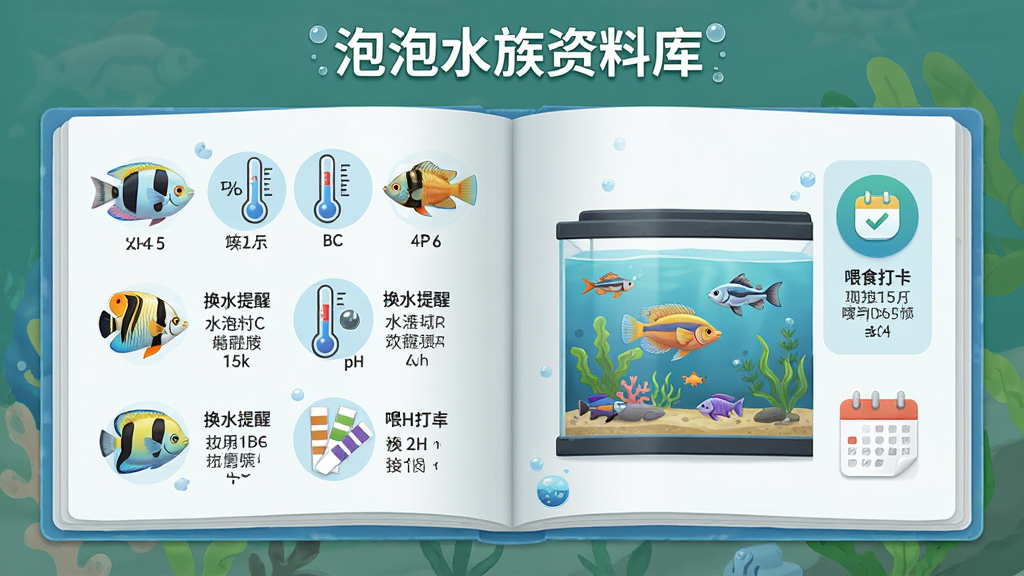 画面是一本打开的虚拟图鉴,左页显示多种热带鱼的插画和参数文字,右页显示一个鱼缸管理界面,有换水提醒和喂食打卡图标。布局为左右对称。排版顶部有“泡泡水族资料库”标题。风格为清新信息图风格,细节包括鱼种图标、水温计、pH试纸和日历标记。画质高清,干净,无多余元素。