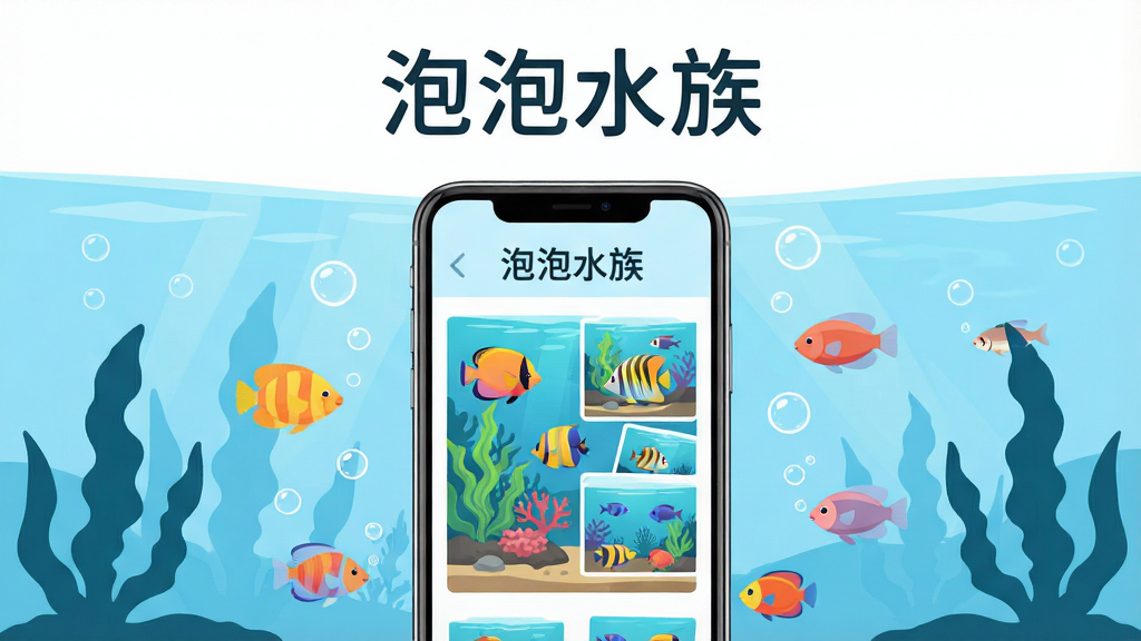 画面中央是一部智能手机,手机屏幕上显示着“泡泡水族”应用界面,界面中有色彩鲜艳的热带鱼、水草造景和鱼缸图片,手机周围环绕着几条游动的小鱼和气泡。布局采用居中构图,手机直立摆放。排版简洁,上方留白处写有“泡泡水族”四个字。风格为清新明亮的扁平化插画风,细节包括水波纹、水草剪影和气泡点缀。画质高清,干净,无多余元素。
