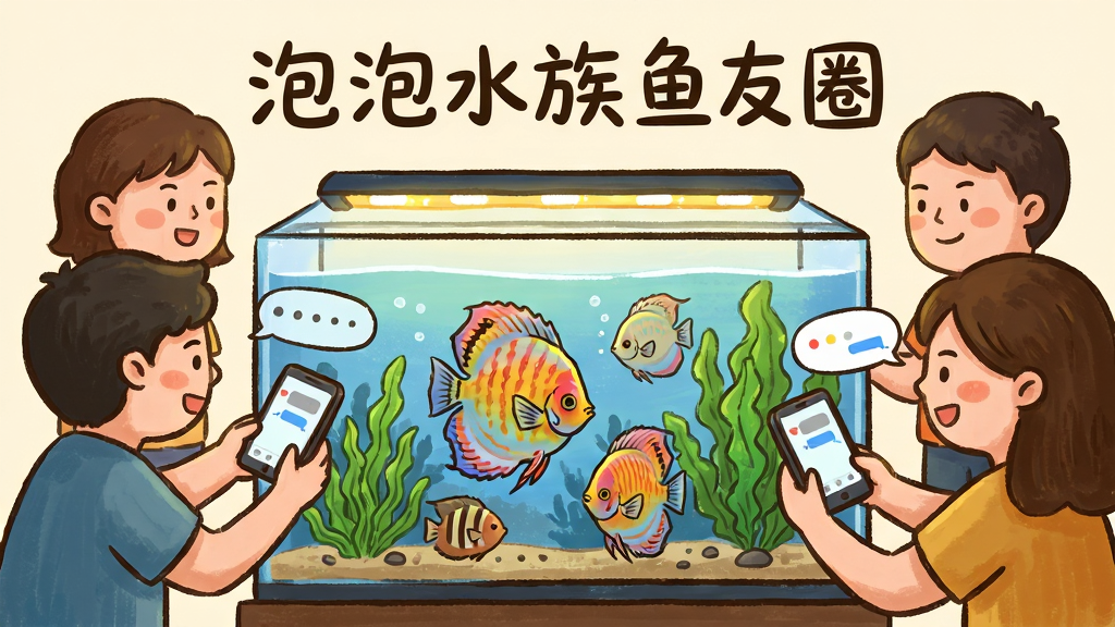 画面主体是几位卡通风格的水族爱好者围坐在一个大型鱼缸旁,每人手里拿着手机正在互相交流,鱼缸里有七彩神仙鱼和水草。布局为横向展开,人物分布左右两侧,中间是鱼缸。排版上方写有“泡泡水族鱼友圈”字样。风格为温暖手绘插画风,细节包括手机屏幕上的对话气泡、鱼缸灯光和水草纹理。画质清晰,干净,无多余元素。