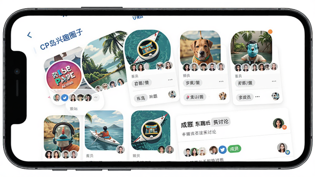 CP岛兴趣圈子社区界面,主体为手机屏幕显示多个兴趣圈子入口和话题讨论列表,布局网格化,排版整齐,风格多彩,细节包括圈子封面、话题标签、成员头像,画质高清,干净,无多余元素