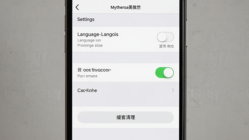 一张展示手机应用设置界面的图片,画面主体为手机屏幕,屏幕内显示语言与货币切换选项、通知权限开关、缓存清理按钮等设置项,界面风格简洁清晰,配色为白色与浅灰色,画面中可出现文字“Mytheresa美遴世”与“Settings”,布局规整,画质高清,干净无多余元素。