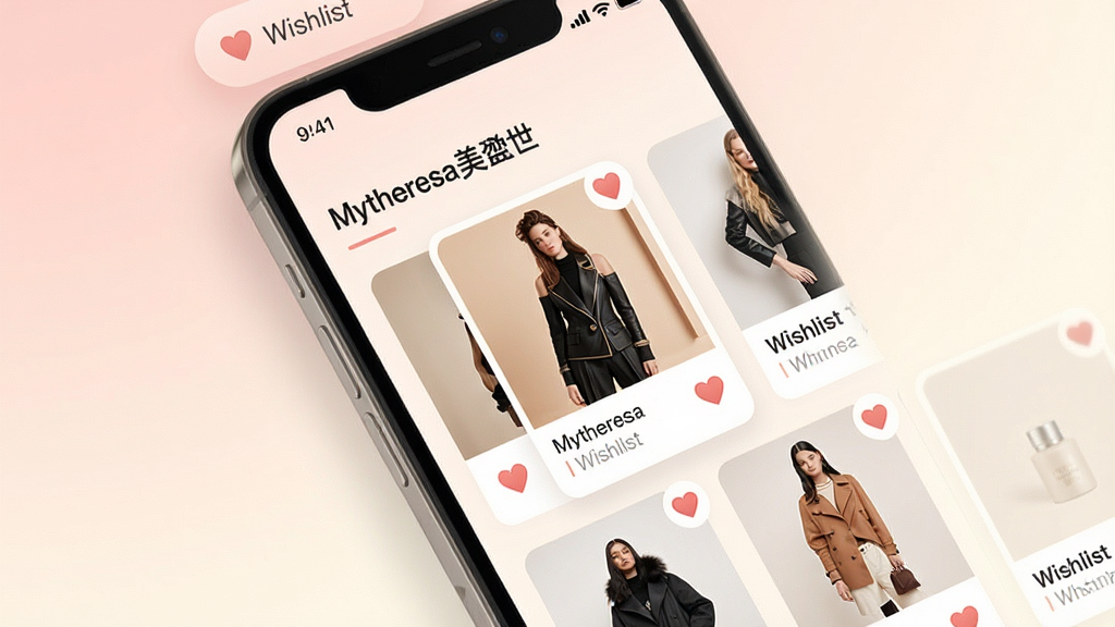 一张以个性化推荐为主题的应用界面图,画面中手机屏幕显示“为你推荐”商品流,商品卡片错落排列,旁边有心形收藏图标,背景为柔和的浅粉色与米白色渐变,风格温馨精致,画面中可出现文字“Mytheresa美遴世”与“Wishlist”,细节丰富,画质高清,干净无杂乱。