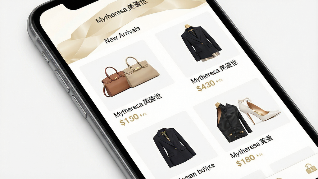 一张展示奢侈品电商应用商品列表页的图片,画面主体为手机屏幕,屏幕内呈现整齐排列的奢侈品商品网格,包括手袋、鞋履、服饰等,每个商品下方标注品牌名与价格,界面配色以白色和浅金色为主,风格高级简洁,画面中可出现文字“Mytheresa美遴世”与“New Arrivals”,布局清晰,画质高清,干净无杂乱元素。