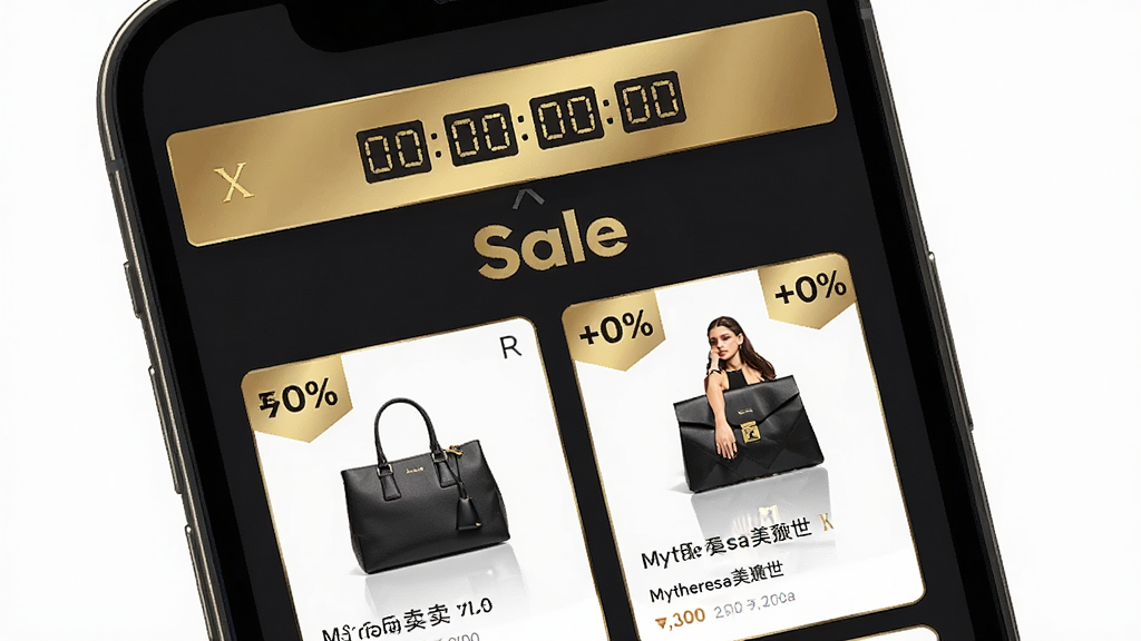 一张以奢侈品折扣促销为主题的应用界面图,画面中手机屏幕显示限时特卖页面,商品卡片上带有折扣百分比标签,顶部有倒计时横幅,整体配色为深色背景配金色高亮,风格促销感强烈但不失高级感,画面中可出现文字“Mytheresa美遴世”与“Sale”,构图紧凑,画质高清,干净利落。