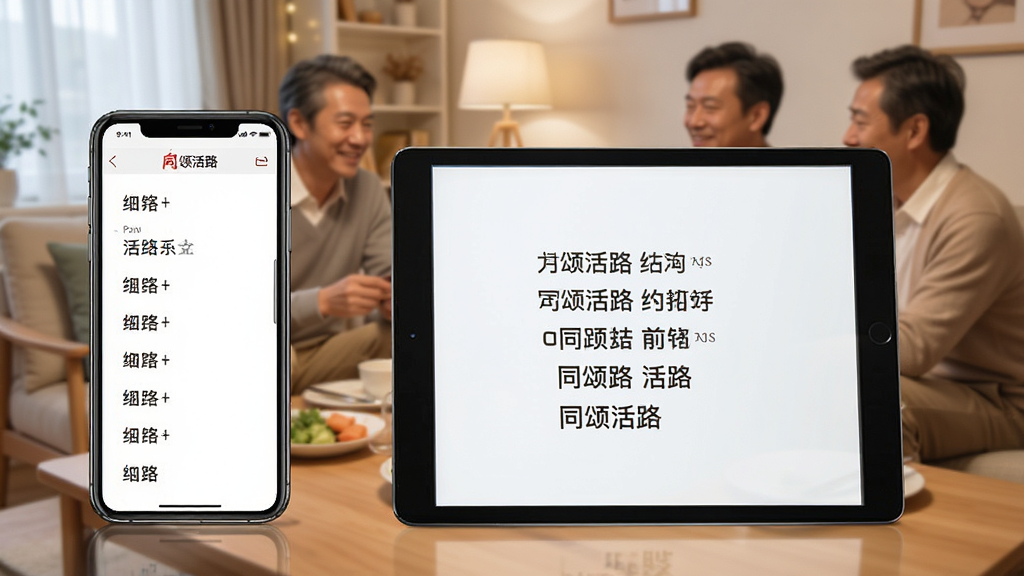 一张展示“同颂活路”在手机与平板电脑上同步使用的场景图,画面中手机显示歌谱列表,平板显示歌词投影界面,背景是温馨的家庭聚会环境,风格写实,细节清晰,画质明亮干净