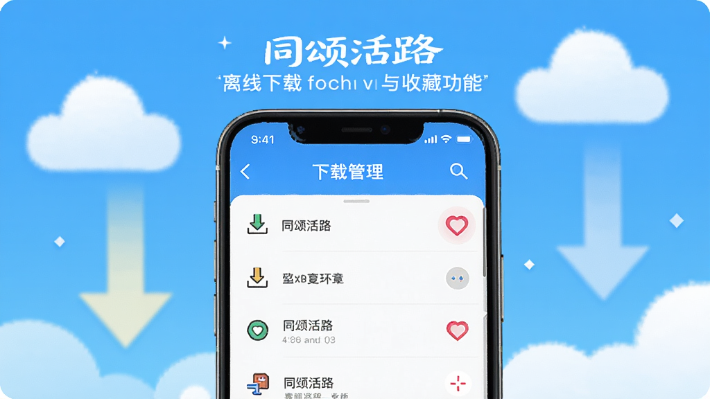 一张展示“同颂活路”离线下载与收藏功能的图片,画面中手机屏幕显示下载管理列表和心形收藏图标,背景有云朵和下载箭头的抽象图案,风格清新明快,细节到位,画质干净无杂色