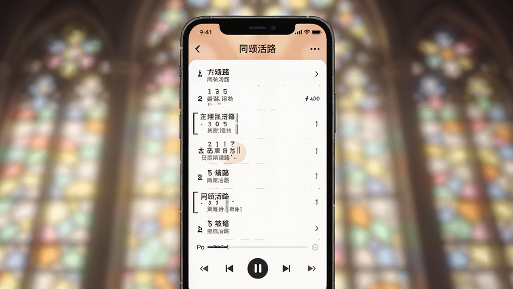 一幅展现手机音乐应用界面的插画,画面中央是一部智能手机,屏幕上显示着名为“同颂活路”的应用主界面,界面中包含歌谱列表和播放控制条,背景是柔和的教堂彩色玻璃窗光影,风格温馨宁静,细节清晰,画质干净无多余元素