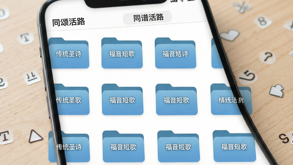 一张展示“同颂活路”应用内歌谱分类界面的图片,画面主体是整齐排列的诗歌分类文件夹图标,标注着“传统圣诗”“福音短歌”等字样,背景是淡淡的木质纹理桌面,风格简约现代,细节精致,画质清晰