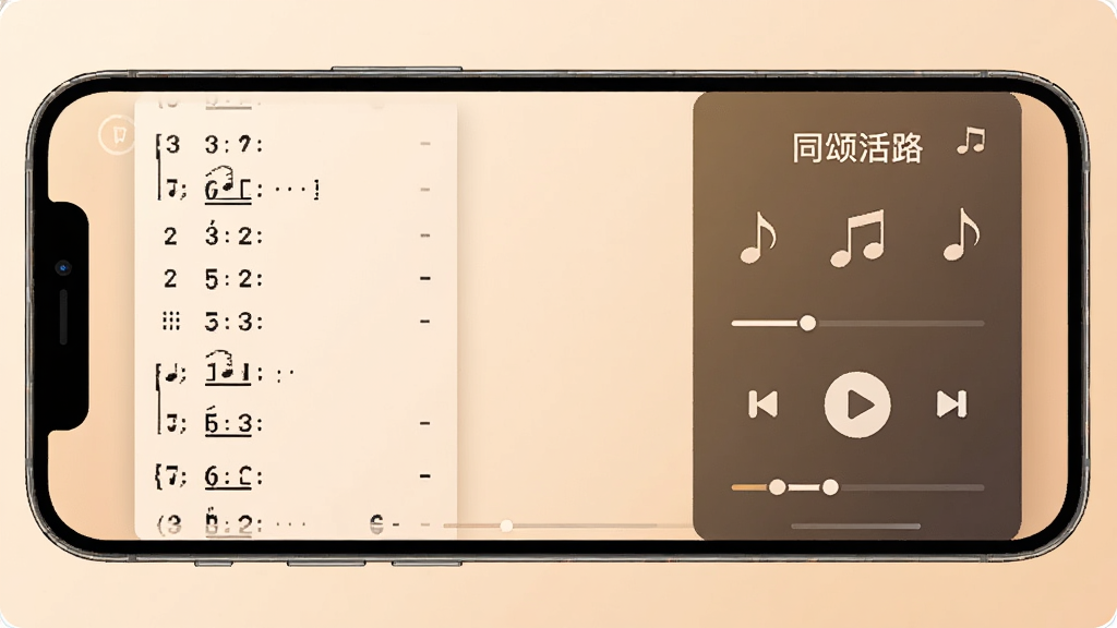 一张描绘“同颂活路”音频播放界面的示意图,画面中手机横屏显示,左侧是滚动的歌谱,右侧是播放控制面板,音符图标和进度条清晰可见,整体色调温暖柔和,风格现代简洁,细节丰富,画质干净