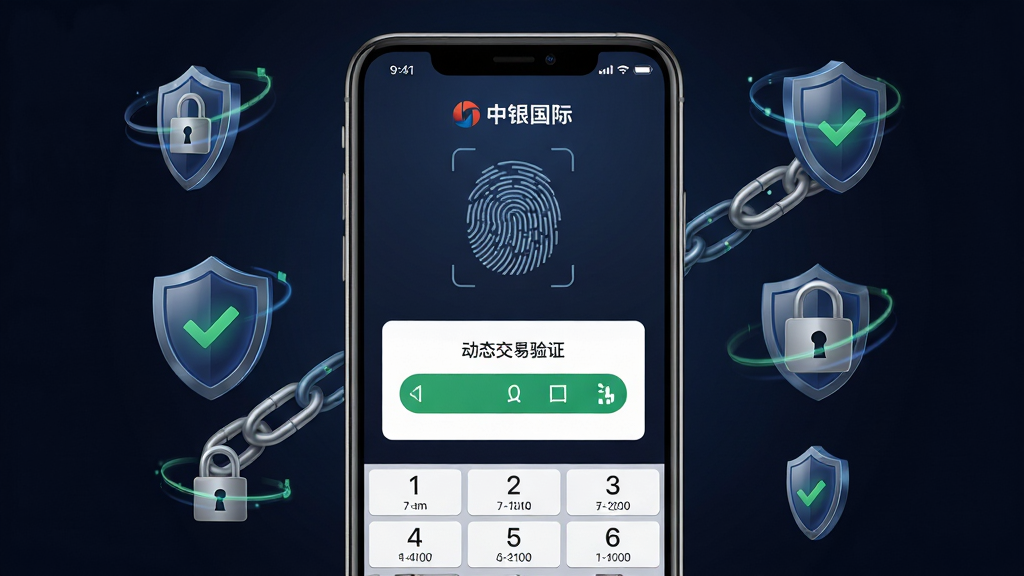 中银国际证券App安全交易验证界面,主体为手机屏幕显示指纹识别与动态口令输入框,屏幕四周环绕盾牌与锁形安全图标;布局为居中对称构图,背景为深色渐变;排版清晰,风格为安全科技风;细节包括加密锁链元素、绿色安全勾选标识、数字键盘;画质高清,干净,无多余元素,画面中文字标注“中银国际”