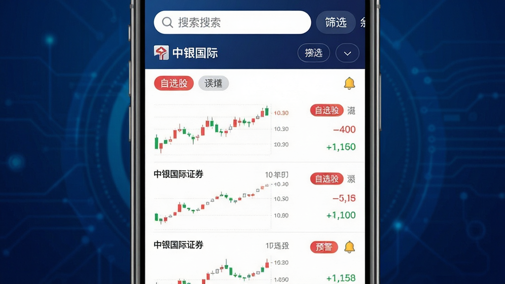 中银国际证券App智能选股功能界面,主体为手机屏幕特写,屏幕中展示多只股票列表与红绿涨跌数据,上方有搜索框与筛选按钮;布局为屏幕居中,背景为深蓝色科技渐变;排版整齐,风格为专业金融科技风;细节包括清晰的K线缩略图、自选股标签、预警铃铛图标;画质高清,干净,无多余元素,画面中文字标注“中银国际”