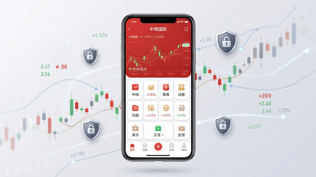 中银国际证券App官方主界面全貌展示,主体为一部竖屏智能手机,屏幕内呈现红白配色的证券行情首页,上方显示指数走势图,中部为功能图标矩阵,底部为交易导航栏;布局采用居中构图,手机悬浮于浅灰渐变背景之上,周围点缀少量金融数据线条与盾牌安全图标;排版简洁大气,风格为现代商务科技风;细节包括清晰的K线元素、涨跌红绿数字、圆角卡片设计;画质高清,干净,无多余元素,画面中文字标注“中银国际”