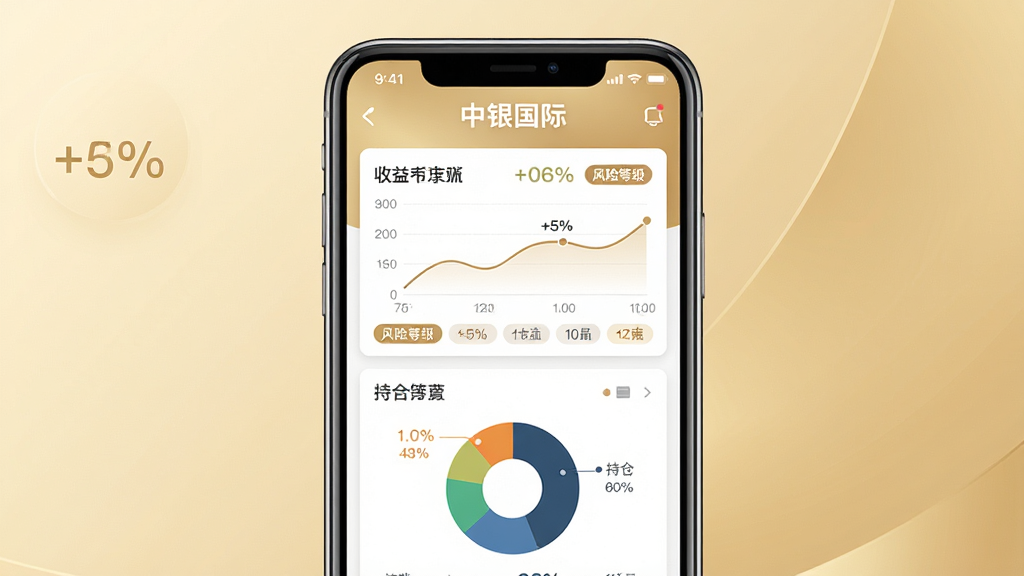 中银国际证券App财富管理页面,主体为手机屏幕展示基金与理财产品列表,包含收益率曲线与持仓饼图;布局为屏幕居中,背景为浅金色渐变;排版为卡片式布局,风格为高端理财风;细节包括百分比数字、产品标签、风险等级标识;画质高清,干净,无多余元素,画面中文字标注“中银国际”