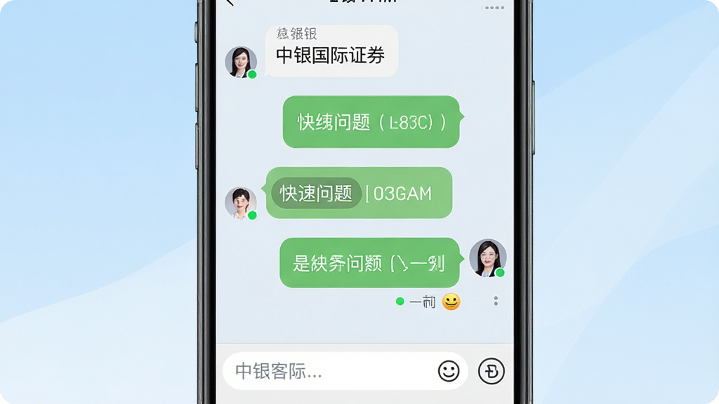 中银国际证券App在线客服聊天界面,主体为手机屏幕显示对话气泡与客服头像,屏幕下方为输入框;布局为居中,背景为浅蓝渐变;排版简洁,风格为友好服务风;细节包括在线状态绿点、快捷问题按钮、表情图标;画质高清,干净,无多余元素,画面中文字标注“中银国际”