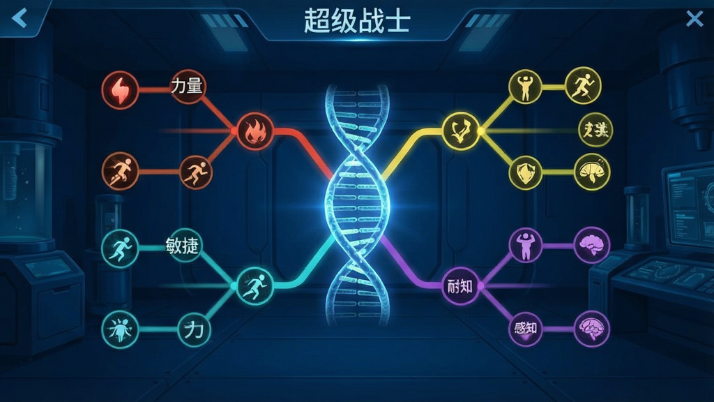 一幅游戏界面截图风格的图片,展示基因强化树系统,画面中央是一个发光的DNA双螺旋结构,周围延伸出四条不同颜色的分支路线,分别标注“力量”“敏捷”“耐力”“感知”,每个节点上有小图标表示技能,背景为深蓝色科技实验室,界面整洁,细节清晰,画质干净,图片中文字标注“超级战士”