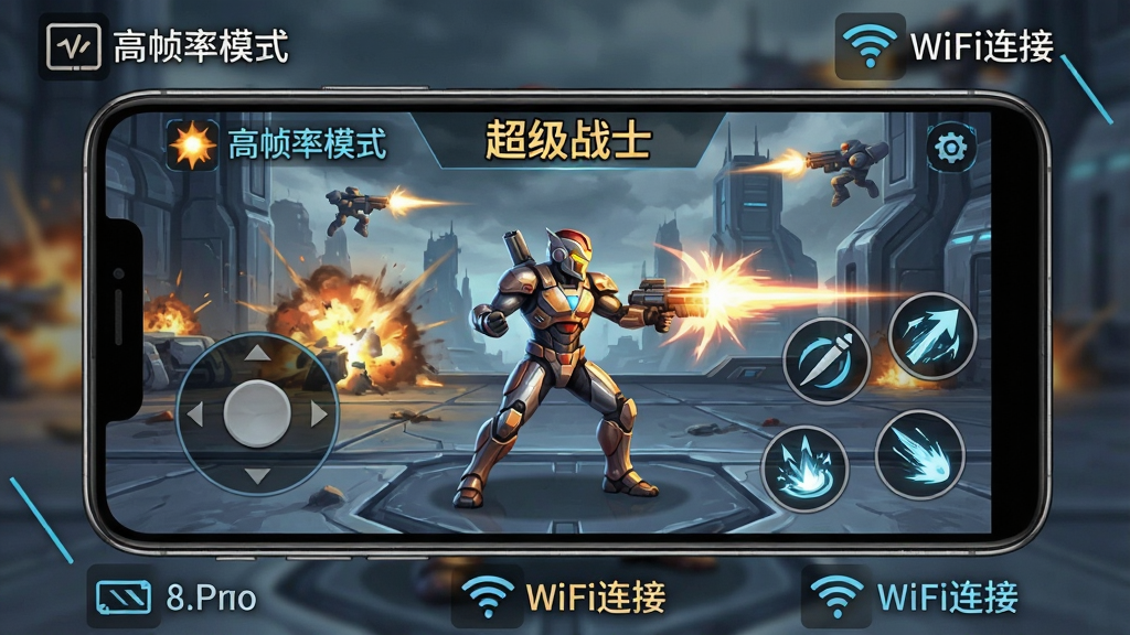一幅手机游戏操作界面截图风格的图片,画面展示一个安卓手机横屏运行超级战士游戏,屏幕左侧为虚拟摇杆,右侧为四个技能按钮,画面中央是超级战士角色正在释放技能,背景为科幻战场,手机周围有提示文字标注“高帧率模式”“WiFi连接”等小图标,整体风格简洁清晰,画质干净,图片中文字标注“超级战士”