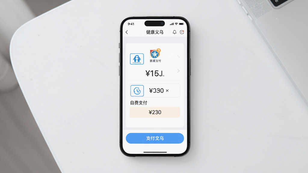 画面主体是一部手机屏幕特写,屏幕中显示“健康义乌”APP的在线缴费页面,包含医保支付和自费支付选项,背景为干净的浅灰色桌面,布局手机居中,排版简洁,风格为现代UI展示图,细节包括屏幕上的支付按钮、金额数字、医保图标,画质高清,干净,无多余元素。