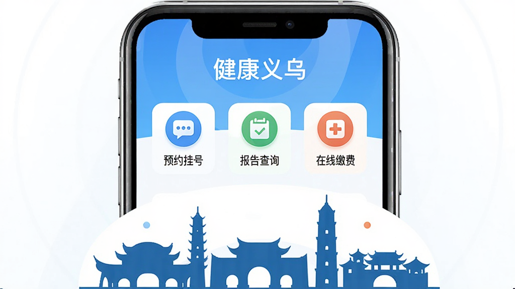画面主体是一部智能手机,屏幕上清晰显示着“健康义乌”APP的首页界面,界面中有预约挂号、报告查询、在线缴费等图标按钮,手机下方是义乌市标志性建筑剪影,背景为干净的白色,布局居中对称,排版简洁明了,风格为扁平化科技插画,细节包括手机边缘的高光、界面图标的圆角处理、背景淡淡的蓝色渐变,画质高清,干净,无多余元素。