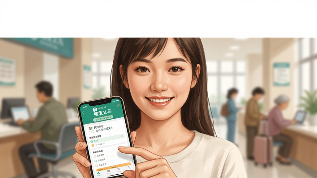 画面主体是一位年轻女性手持手机微笑着操作“健康义乌”APP,手机屏幕显示预约挂号成功页面,背景为医院大厅的模糊虚化场景,布局人物居中,排版上方留白,风格为温暖明亮的写实插画,细节包括女性手指点击屏幕的动作、手机界面的清晰文字、背景中其他患者模糊的身影,画质高清,干净,无多余元素。