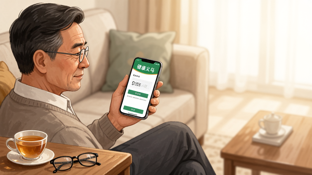 画面主体是一位中年男性坐在沙发上手持手机,手机屏幕显示“健康义乌”APP的登录页面,旁边茶几上放着一杯茶和一副老花镜,布局人物偏左,右侧留白,风格为温馨家庭写实插画,细节包括手机屏幕的验证码输入框、人物专注的表情、茶几上的物品细节,画质高清,干净,无多余元素。