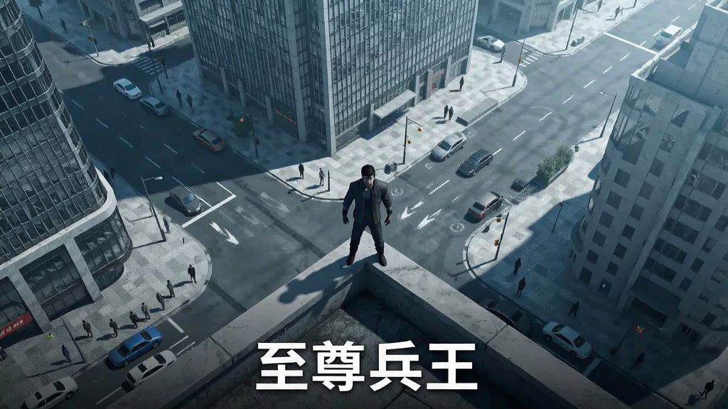 画面呈现一个俯瞰视角的现代都市街区,包含高楼、街道、车辆与行人,画面中央有一名角色站立于楼顶边缘,风格为写实CG,色彩偏冷峻,细节丰富,画质清晰,干净无多余元素,图片下方用白色文字写着“至尊兵王”