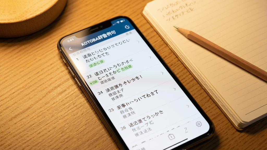 一张展示KOTOBA辞例句检索功能的场景图,画面主体为手机屏幕显示日语例句列表与中文翻译对照,旁边有一支铅笔和笔记本,布局为斜角俯视,风格为温暖学习氛围摄影,细节包含例句编号与语法标注,画质清晰干净无多余元素