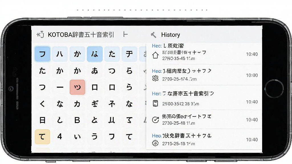 一张展示KOTOBA辞五十音索引与历史记录界面的示意图,画面中央为手机屏幕显示五十音图网格与历史记录列表,布局为上下结构,风格为简约工具类UI设计,细节包含高亮选中状态与时间戳,画质高清干净无多余元素
