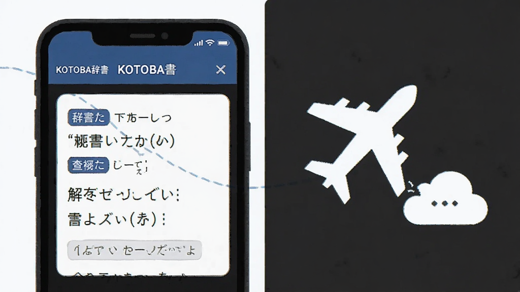 一张展示KOTOBA辞离线查词功能的示意图,画面主体为手机屏幕显示日语单词释义卡片,旁边放置一个飞机图标与云朵断开的符号,布局为左右分栏,风格为扁平化科技插画,细节包含词性标签与假名注音,画质清晰干净无多余元素