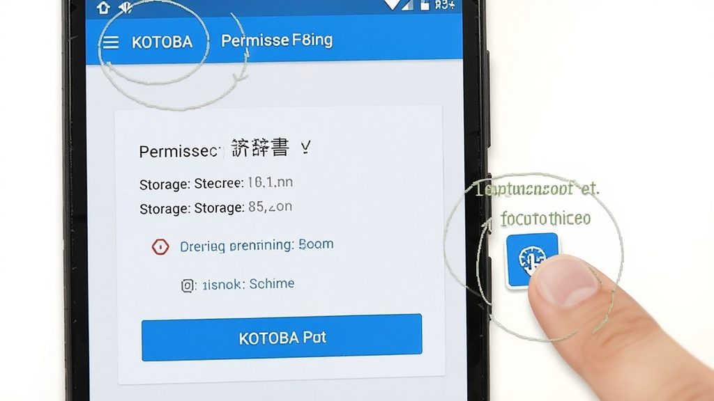 一张展示KOTOBA辞在安卓手机上安装与设置界面的操作示意图,画面主体为手机屏幕显示权限设置与存储选择页面,旁边有手指点击图标,布局为居中特写,风格为教程类截图风格,细节包含高亮按钮与提示文字,画质高清干净无多余元素