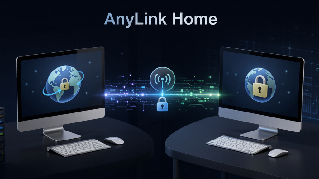 AnyLink Home 免公网IP组网功能展示图,画面主体为两台位于不同网络环境的电脑通过 AnyLink Home 建立连接,中间以发光的数据通道相连,布局为左右分布,风格为简约科技感,细节包含地球图标与加密锁标识,画质高清,画面干净,无多余元素,文字标识为