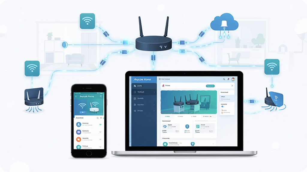 整体展示 AnyLink Home 智能组网工具的主界面,画面中央放置一台智能手机和一台笔记本电脑,屏幕上显示 AnyLink Home 应用界面,背景为现代家庭网络拓扑结构,包含路由器与云端节点图标,布局采用左右对称式排版,风格为扁平化科技插画,细节包含连线光效与设备图标,画质清晰,画面干净,无多余元素,文字标识为