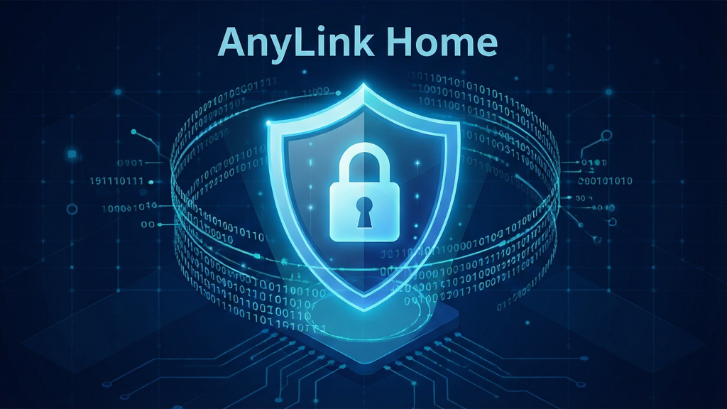 AnyLink Home 安全加密传输概念图,画面中央为一把发光的盾牌与锁形图标,周围环绕数据流线条,背景为深蓝色科技网格,布局为中心聚焦式,风格为网络安全主题插画,细节包含加密二进制代码元素,画质高清,画面干净,无多余元素,文字标识为