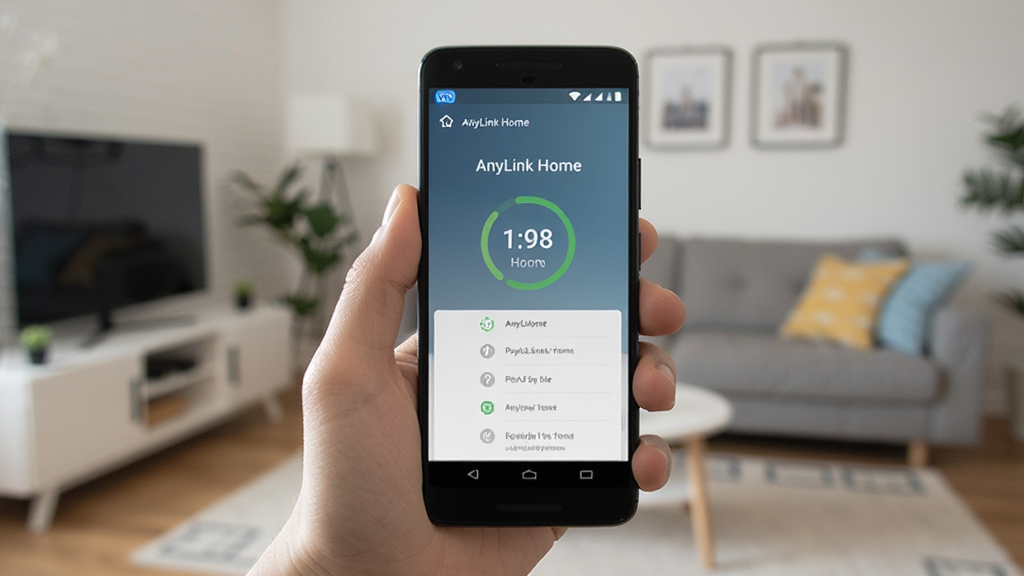 AnyLink Home 移动端使用场景图,画面为一只手拿着安卓手机,手机屏幕上显示 AnyLink Home 已连接状态界面,背景为家庭客厅环境,布局为竖版构图,风格为写实生活摄影风,细节包含手机状态栏VPN图标与AnyLink Home界面元素,画质清晰,画面干净,无多余元素,文字标识为