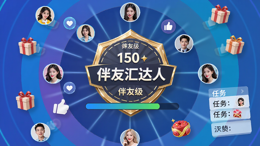 伴友汇达人成长体系界面截图风格,画面中央显示“伴友汇达人”达人等级徽章和成长进度条,周围环绕粉丝头像、点赞图标、礼物盒等元素,布局为同心圆放射状,风格活力动感,细节包含等级数字、任务列表、奖励图标,画质清晰干净无多余元素