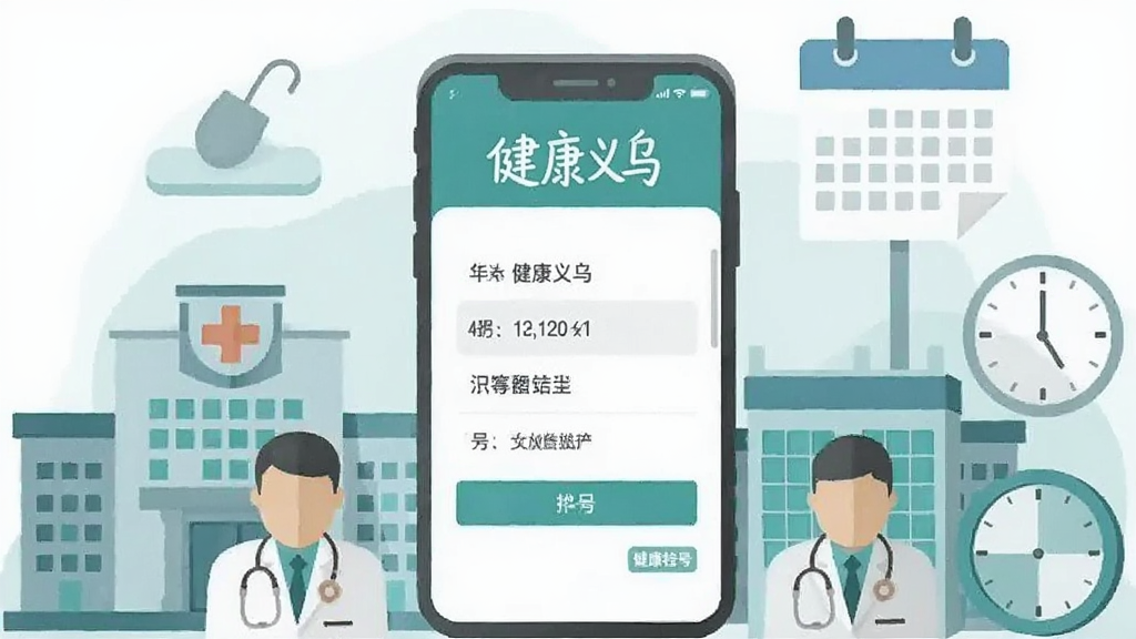 一幅扁平化插画风格的图片,画面中央是一部手机,手机屏幕中显示“健康义乌”的挂号界面,周围环绕着医院建筑、医生图标、日历与时钟等元素,布局均衡,采用蓝绿色调,风格简洁现代,细节清晰,画质干净,无多余装饰