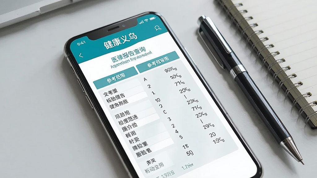 一张展示手机屏幕显示医疗检验报告单的图片,屏幕中清晰呈现“健康义乌”的报告查询页面,页面包含多项检验指标与参考范围,手机旁放置一支笔和一本笔记本,背景为浅灰色桌面,光线柔和,风格写实,细节丰富,画质高清,无杂乱元素