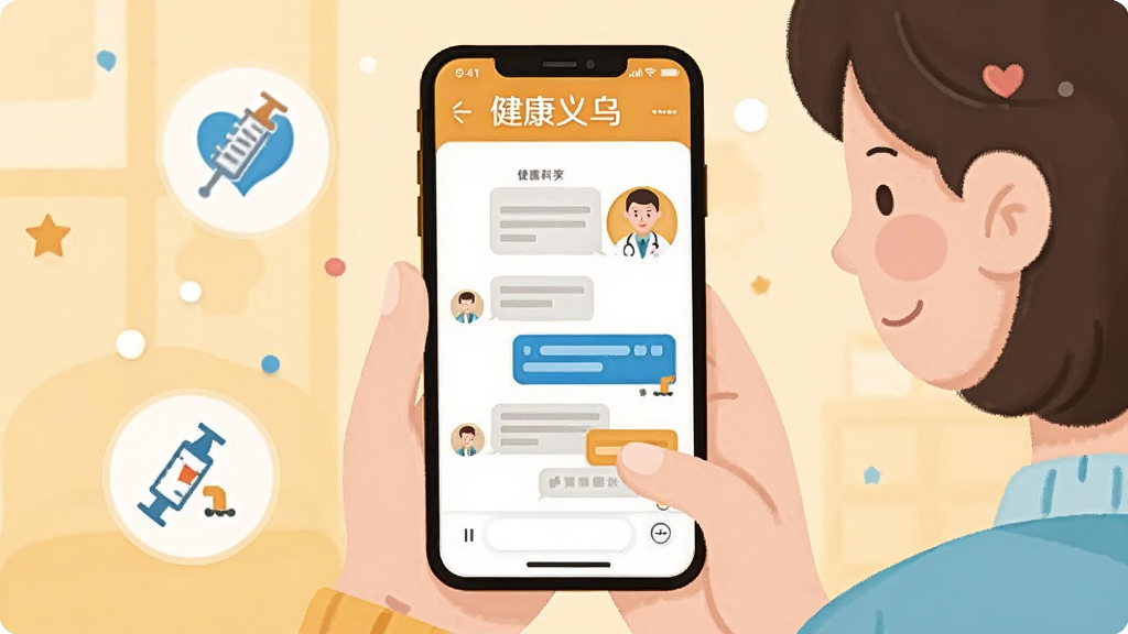 一幅温馨风格的插画图片,画面中一位用户正通过手机使用“健康义乌”进行在线咨询,手机屏幕显示对话界面与医生头像,周围有健康科普图标与疫苗图案点缀,整体采用暖色调,布局舒适,风格亲切,细节清晰,画质干净,无多余元素
