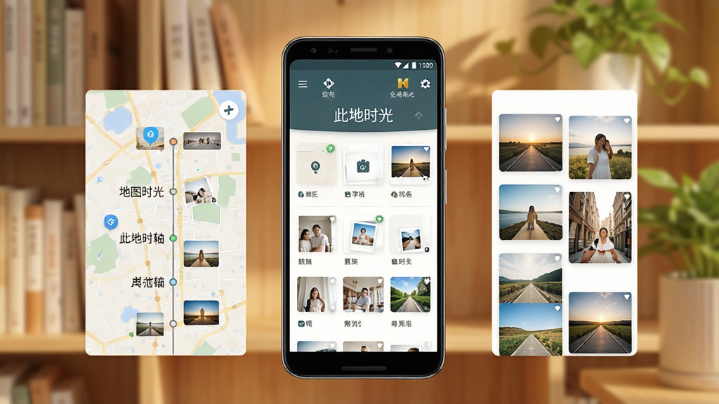 软件全貌展示图,画面中央是一个名为“此地时光”的安卓手机应用界面,左侧展示地图时光轴,右侧展示照片瀑布流,背景是柔和的暖色调书架与绿植,风格清新简约,细节包含精致的图标和微缩的照片缩略图,画质4K,干净无多余元素