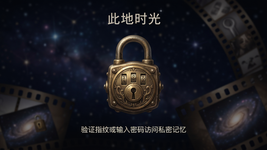 “此地时光”APP私密空间解锁界面,画面中央是一个精致的复古密码锁图标,背景是模糊的星空与胶片元素,界面提示“验证指纹或输入密码访问私密记忆”,风格安全且神秘,画质细腻,干净整洁