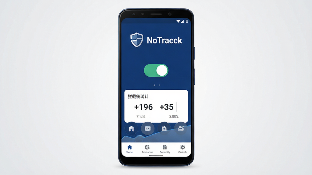 一张以 NoTracck 软件为主题的手机应用界面展示图,主体是一部竖屏安卓手机,屏幕中央显示 NoTracck 主界面,界面布局简洁,顶部为软件名称 NoTracck 与盾牌图标,中部为防护开关与拦截统计数字,底部为功能导航栏,整体采用深蓝与白色搭配的科技风格,背景为干净的浅灰渐变,画面清晰锐利,高分辨率,无多余元素,干净整洁