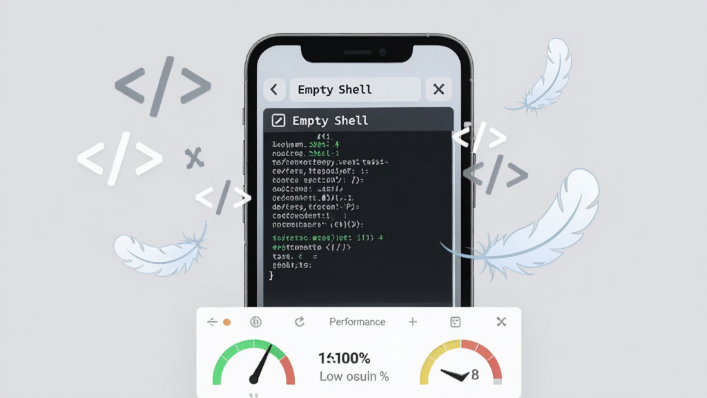 一部手机屏幕显示“Empty Shell”终端界面,命令行正在执行任务,界面周围漂浮着轻量化的羽毛和代码符号,背景为浅灰色极简风格,手机下方有性能仪表盘显示低占用率,风格为清新简约科技插画,细节包括清晰的命令文字和图标,画质高清,干净整洁。