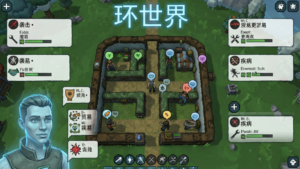 环世界游戏画面中,一位AI叙述者以半透明全息头像形式出现在屏幕角落,旁边漂浮着多个事件图标如“袭击”“贸易”“疾病”。布局为中心殖民地俯视图,四周环绕事件提示框。排版上“环世界”字样以发光字体显示在顶部。风格为科幻UI界面结合手绘角色。细节包括殖民者头顶显示情绪气泡、技能图标和工作进度条。画质清晰,干净无多余元素。
