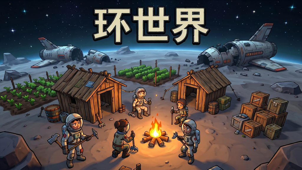 画面中央展示一颗荒凉星球表面,几名幸存者正在搭建简易木屋和篝火,周围有农田和储物区,远处是坠毁的飞船残骸。布局采用俯视斜角视角,画面分为前景角色活动区、中景建筑群和远景星空背景。排版上游戏标题“环世界”以复古科幻字体置于画面上方。风格为手绘卡通渲染结合科幻生存题材。细节包括角色穿着破旧太空服、手持工具、表情疲惫但坚定,篝火照亮周围地面。画质高清,色彩饱和,干净无多余元素。