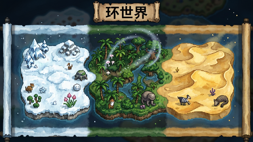 环世界游戏地图展示多种生物群系拼接效果,左侧是冰雪覆盖的苔原,中间是茂密热带雨林,右侧是金色沙漠。布局采用横向长卷式地图,边界处有过渡带。排版上“环世界”标题以探险地图风格呈现。风格为手绘水彩与像素混合。细节包括不同区域的特色动植物和气候粒子效果。画质细腻,干净无多余元素。