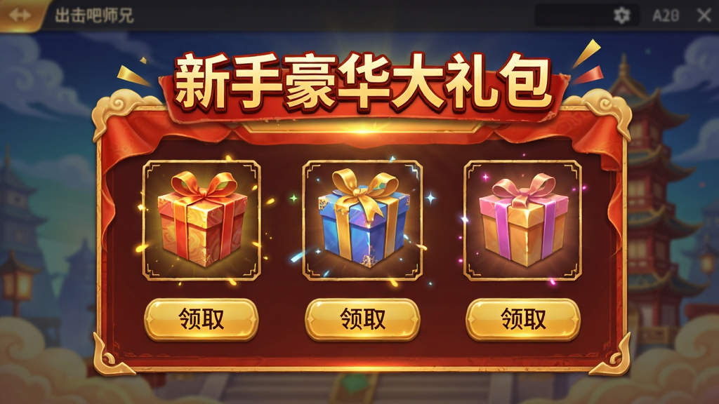 一张展示出击吧师兄新手福利领取界面的图片,画面中是一个游戏内的福利面板,上面排列着多个礼包图标和“领取”按钮,面板背景是喜庆的红色和金色,面板上方有文字“新手豪华大礼包”,整体风格为游戏UI界面,色彩明亮,画质清晰,干净无多余元素
