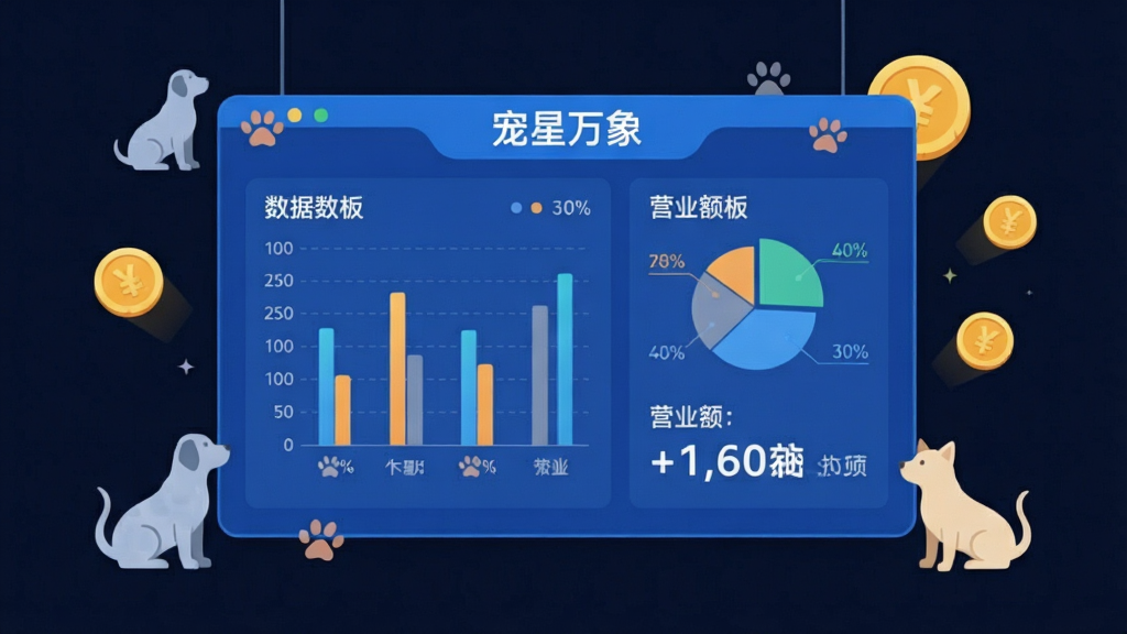 宠物商家经营数据看板界面,画面中央是一块悬浮的蓝色数据面板,面板上显示